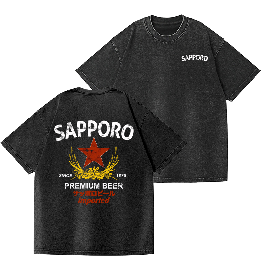 Sapporo Beer Vintage Wash Japanese Design Back Art T-Shirt