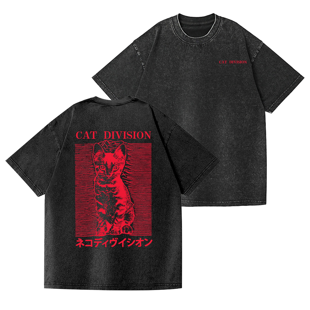 Cat Division Vintage Wash Japanese Design Back Art T-Shirt
