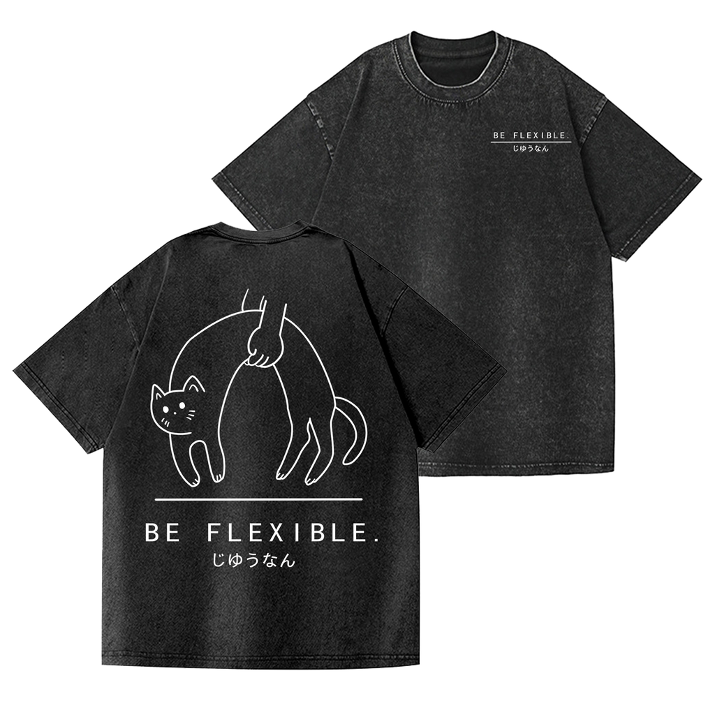 Flexible Cat Vintage Wash Japanese Design Back Art T-Shirt