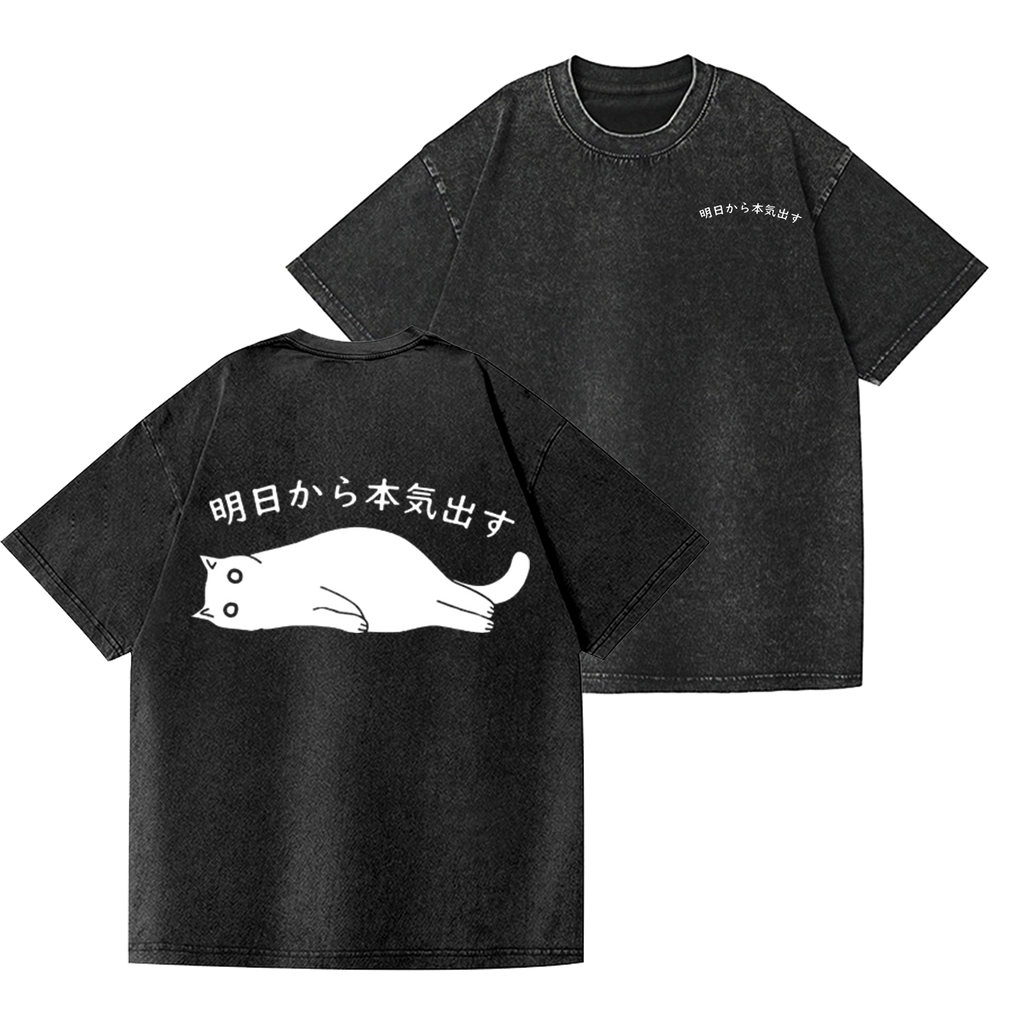 Cat Vintage Wash Japanese Design Back Art T-Shirt