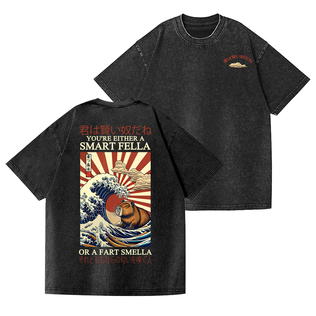 Capybara Great Wave Vintage Wash Japanese Design Back Art T-Shirt