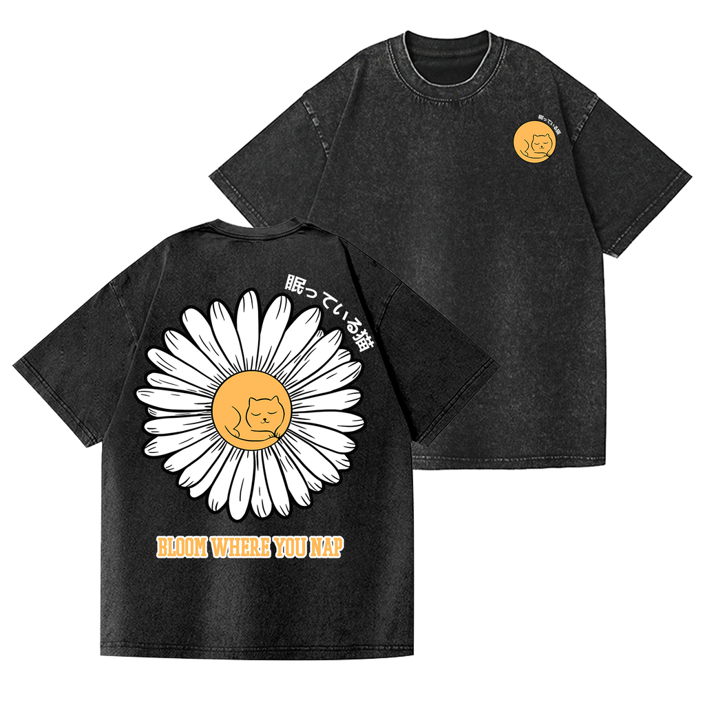 Daisy Cat Vintage Wash Japanese Design Back Art T-Shirt