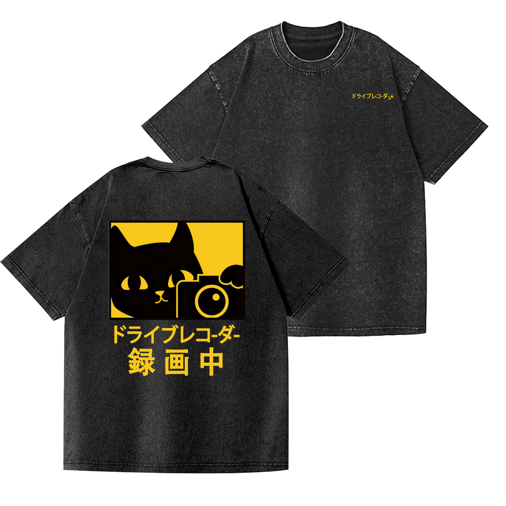 Cat Camera Vintage Wash Japanese Design Back Art T-Shirt