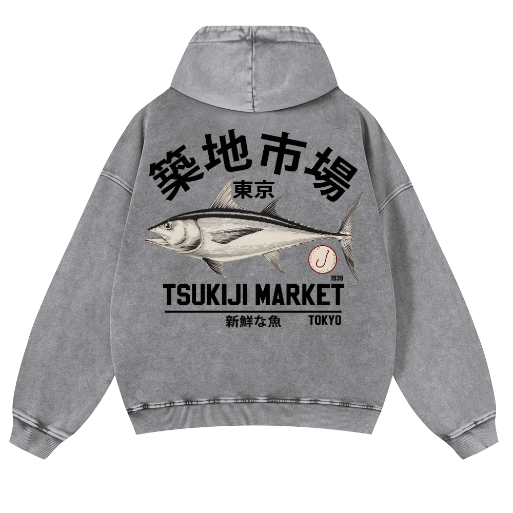 Tsukiji Fish Market Vintage Washed Cotton Back Art Hoodie