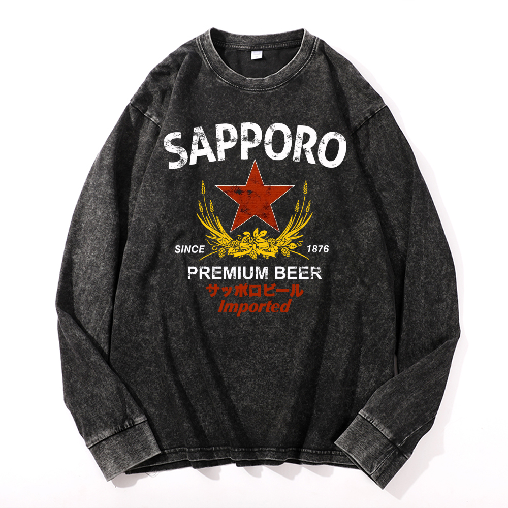 Sapporo Beer Vintage Cotton Wash Long-sleeve T-shirt