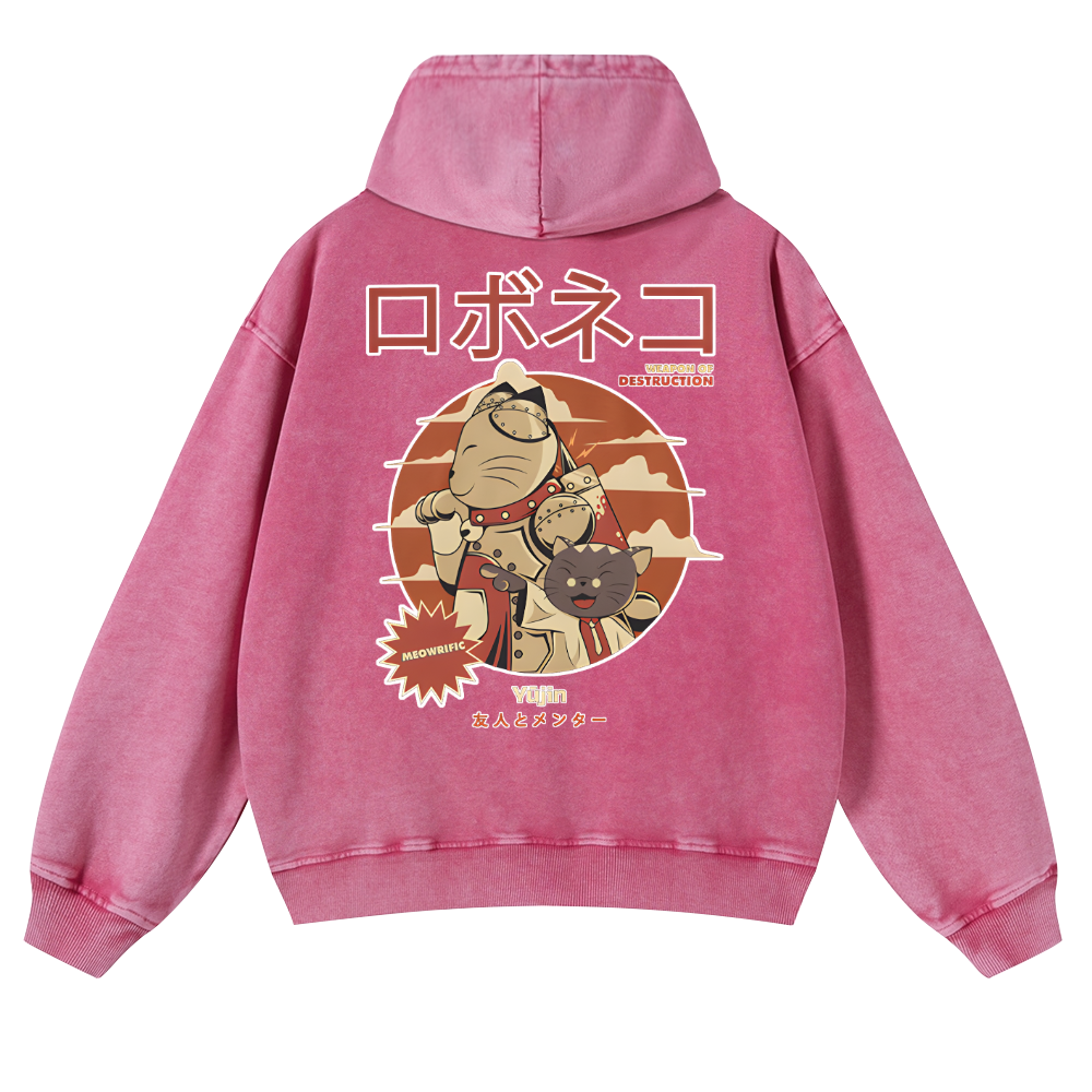 Cat Anime Vintage Washed Cotton Back Art Hoodie