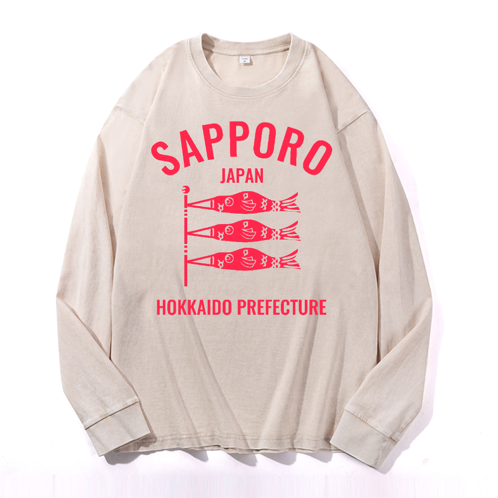 Sapporo Vintage Cotton Wash Crewneck Long-Sleeve T-Shirt