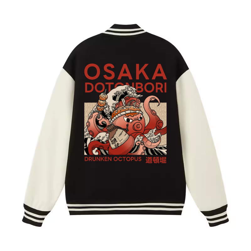Osaka Dotonbori Drunken Octopus Vintage Cotton Varsity Jacket