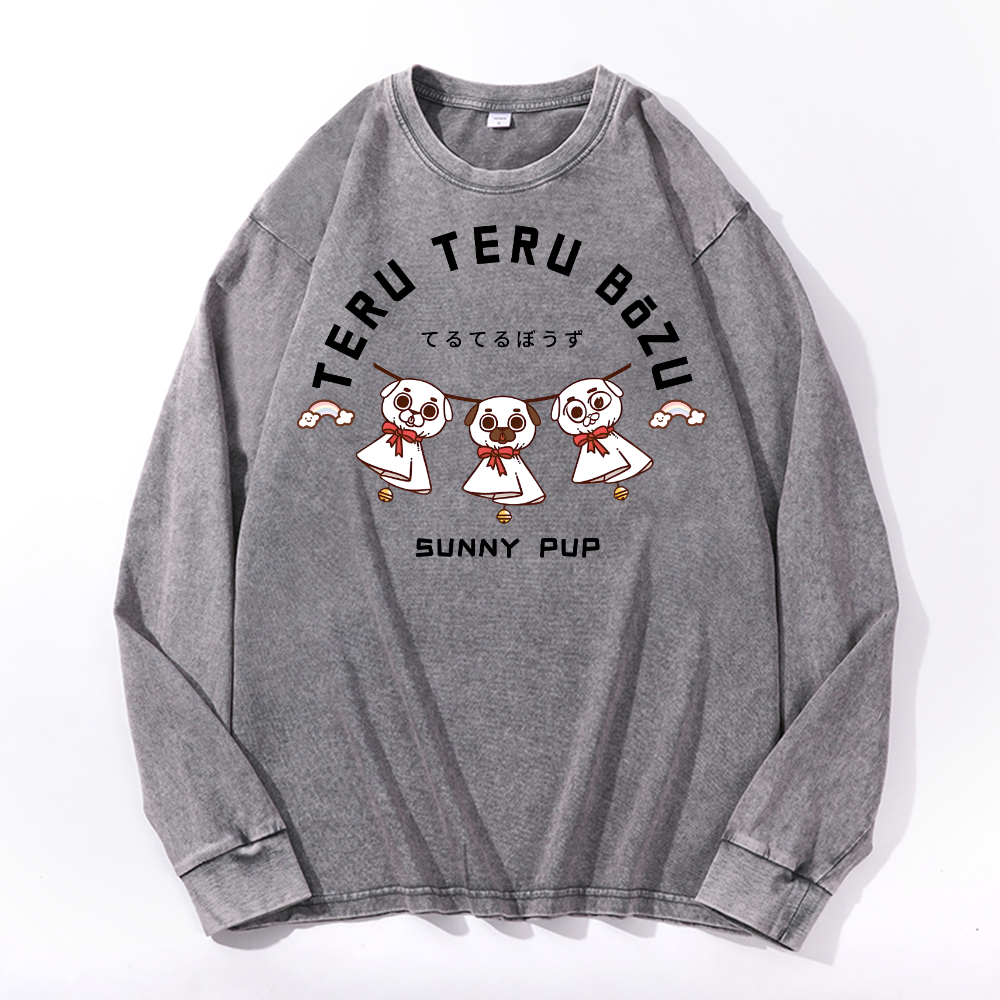 Teru Doll Dog Sunny Pup Vintage Cotton Wash Crewneck Long-Sleeve T-Shirt
