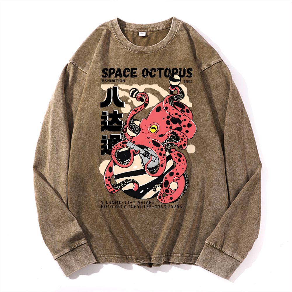 Space Octopus Vintage Cotton Wash Crewneck Long-Sleeve T-Shirt