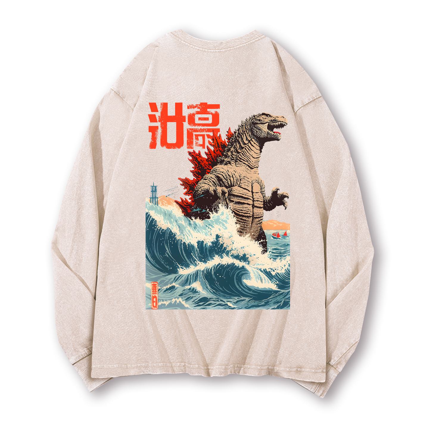 Kaiju Wave Vintage Washed Cotton Back Art Long-sleeve T-shirt