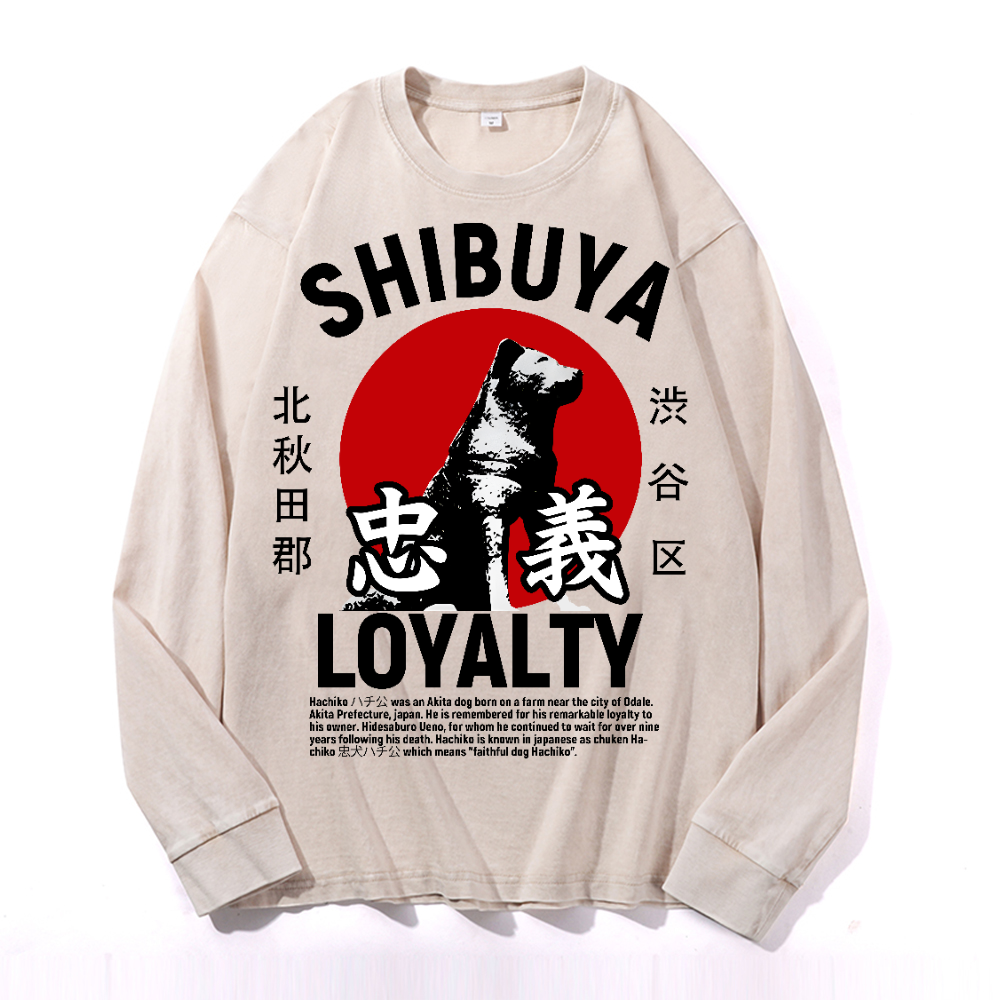 Shibuya Hachiko Vintage Cotton Wash Crewneck Long-Sleeve T-Shirt
