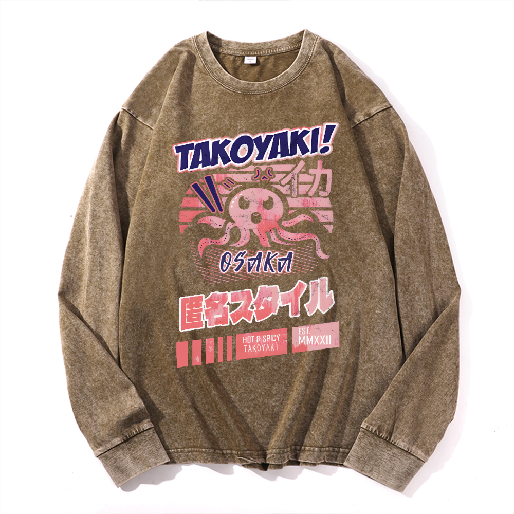 Takoyaki Octpous Vintage Cotton Wash Crewneck Long-Sleeve T-Shirt