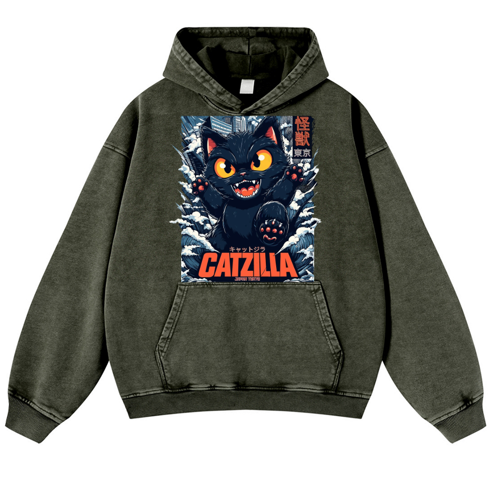 Catzilla Cat Kaiju Vintage Washed Thick Cotton Hoodie
