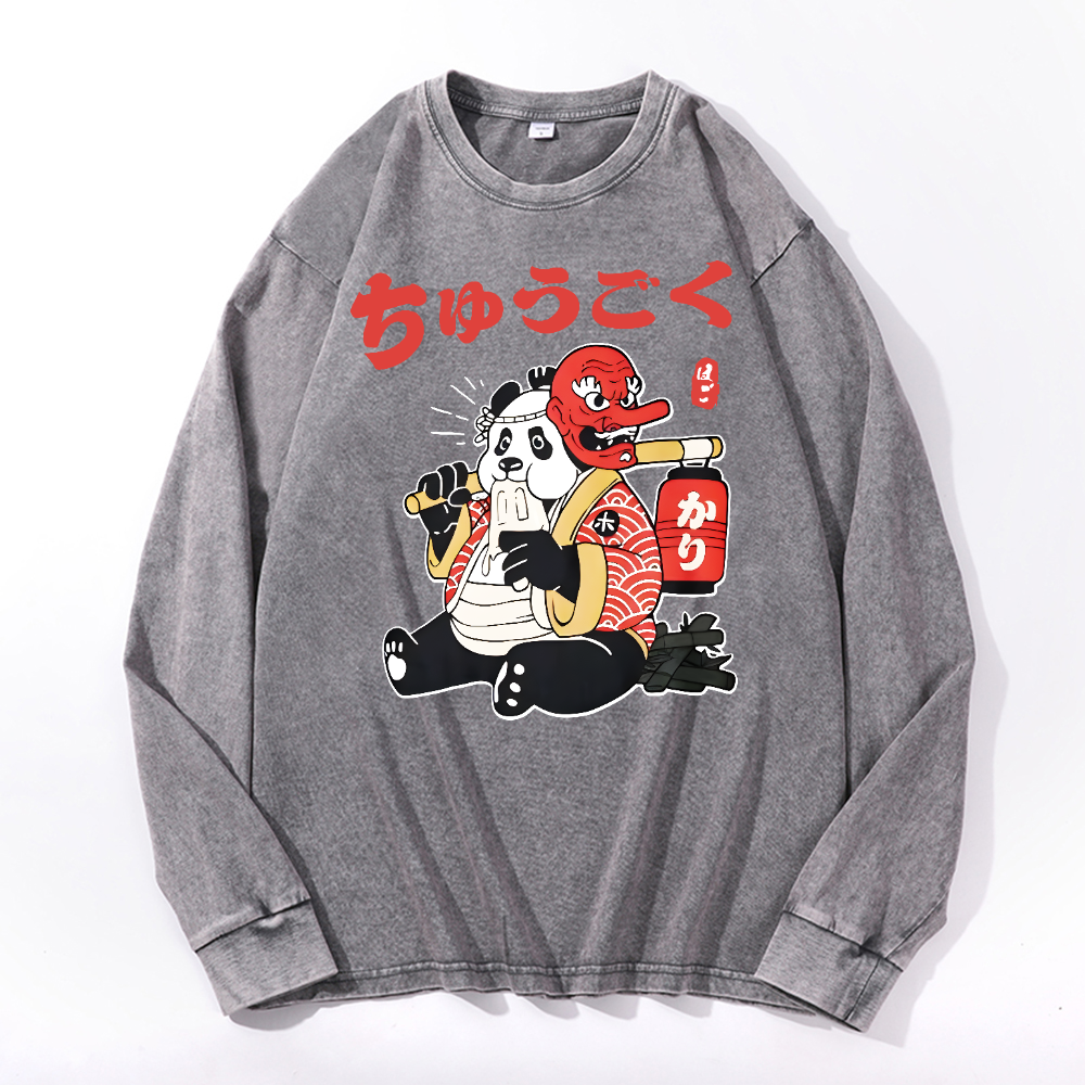 Panda Vintage Cotton Wash Crewneck Long-Sleeve T-Shirt