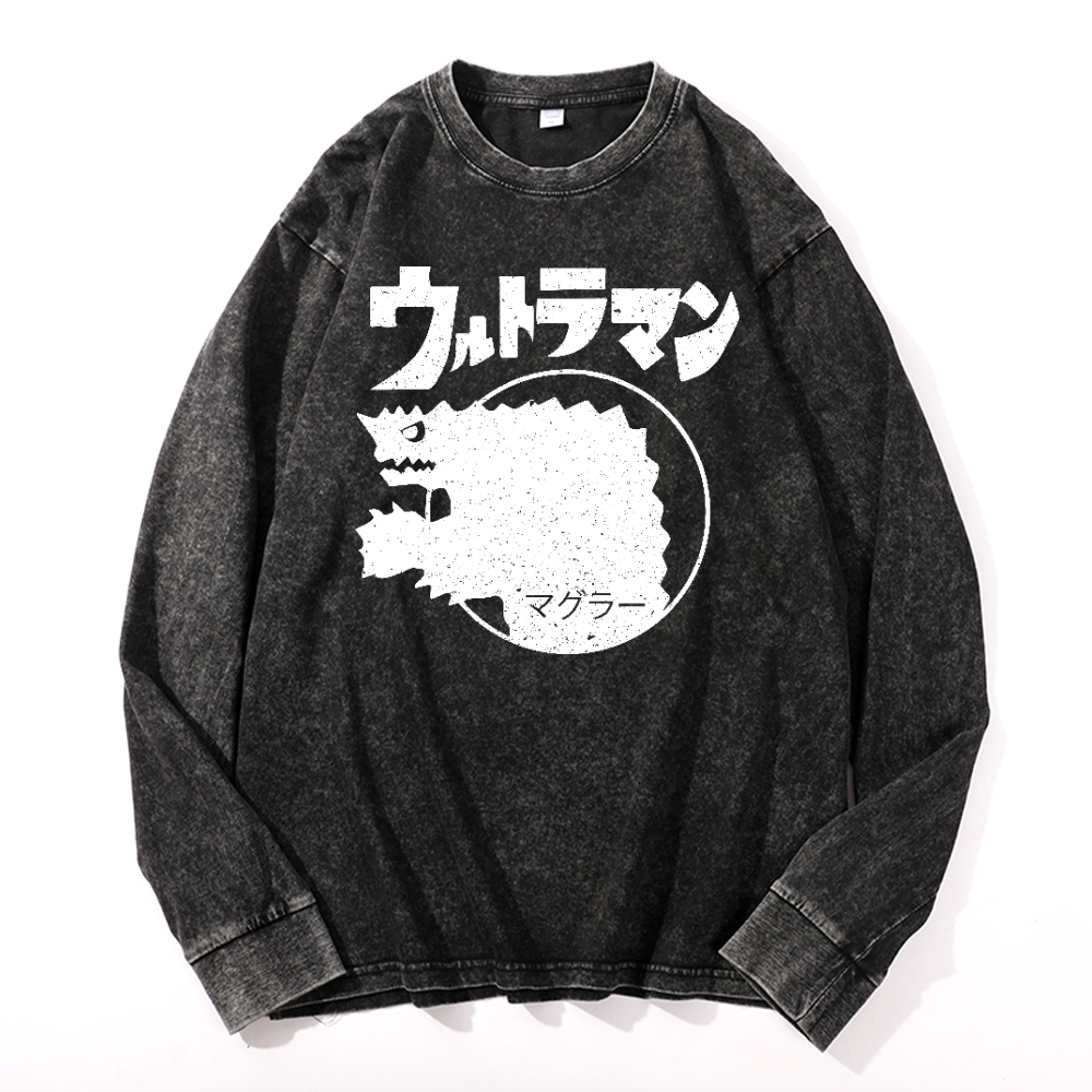 Magular Monster Vintage Cotton Wash Crewneck Long-Sleeve T-Shirt