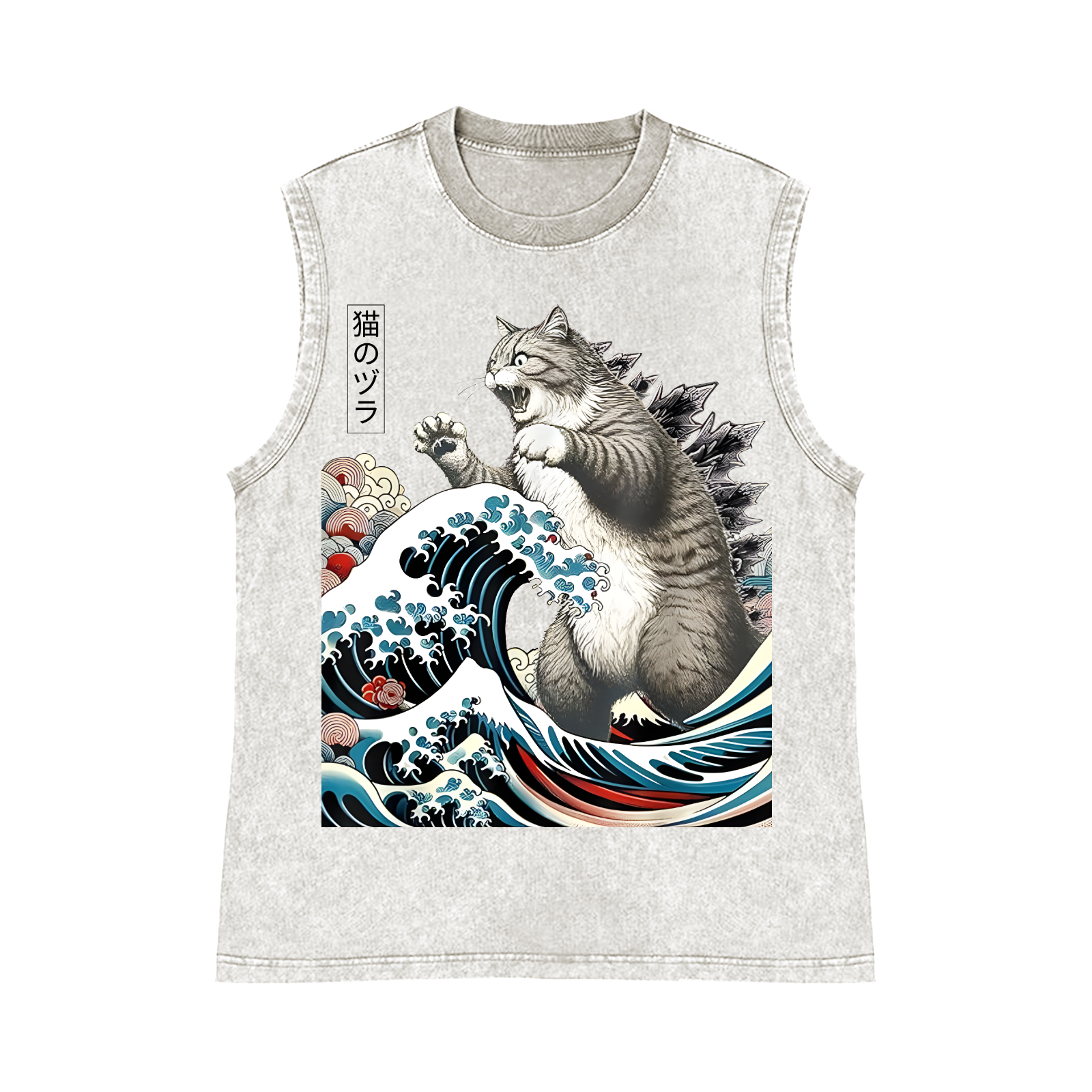 Cat Kaiju Ukiyoe Great Wave Pure Cotton Wash-Dyed Sleeveless Tank Top