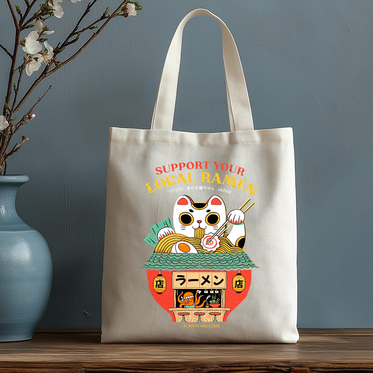 Cat Ramen Japanese Style Canvas Tote Bag