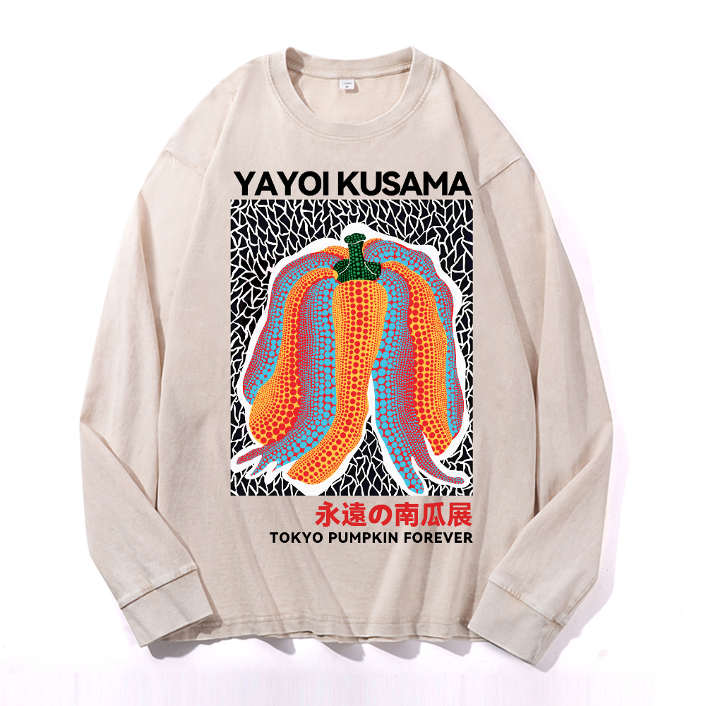 Yayoi Kusama Pumpkin Vintage Cotton Wash Crewneck Long-Sleeve T-Shirt