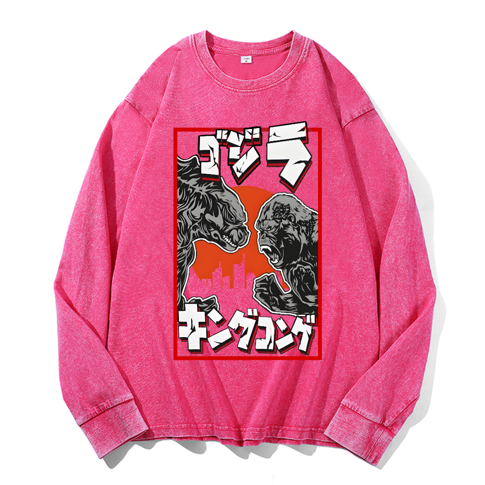 Kaiju VS King Kong Vintage Cotton Wash Long-sleeve T-shirt
