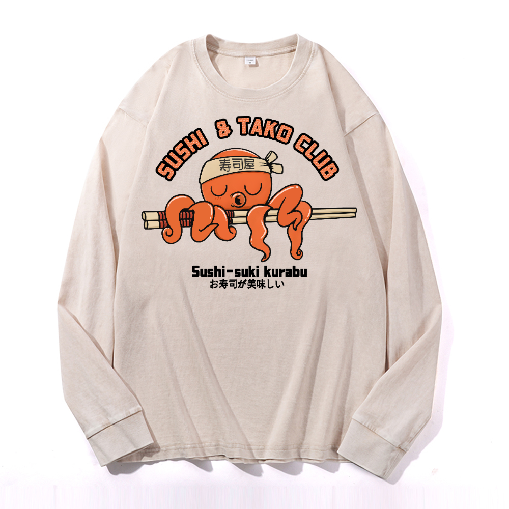 Sushi and Tako Octopus Vintage Cotton Wash Crewneck Long-Sleeve T-Shirt