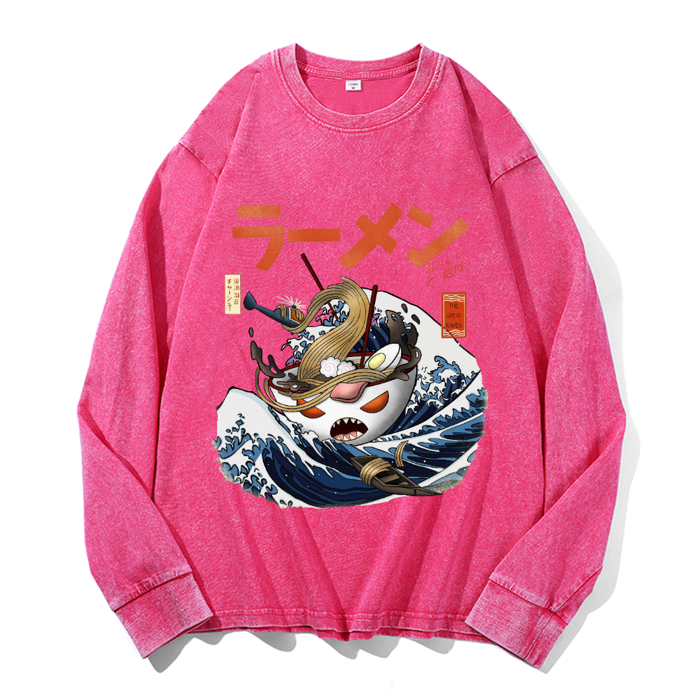 Ramen Wave Vintage Cotton Wash Crewneck Long-Sleeve T-Shirt