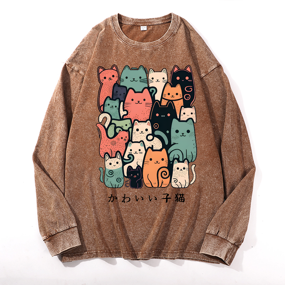 Cat Vintage Cotton Wash Crewneck Long-Sleeve T-Shirt