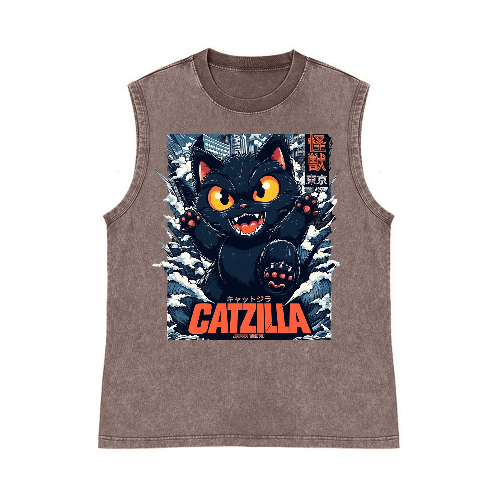 Catzilla Cat Kaiju Pure Cotton Wash-Dyed Sleeveless Tank Top