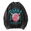 Osaka Dotonbori Drunken Octopus Vintage Cotton Wash Crewneck Long-Sleeve T-Shirt