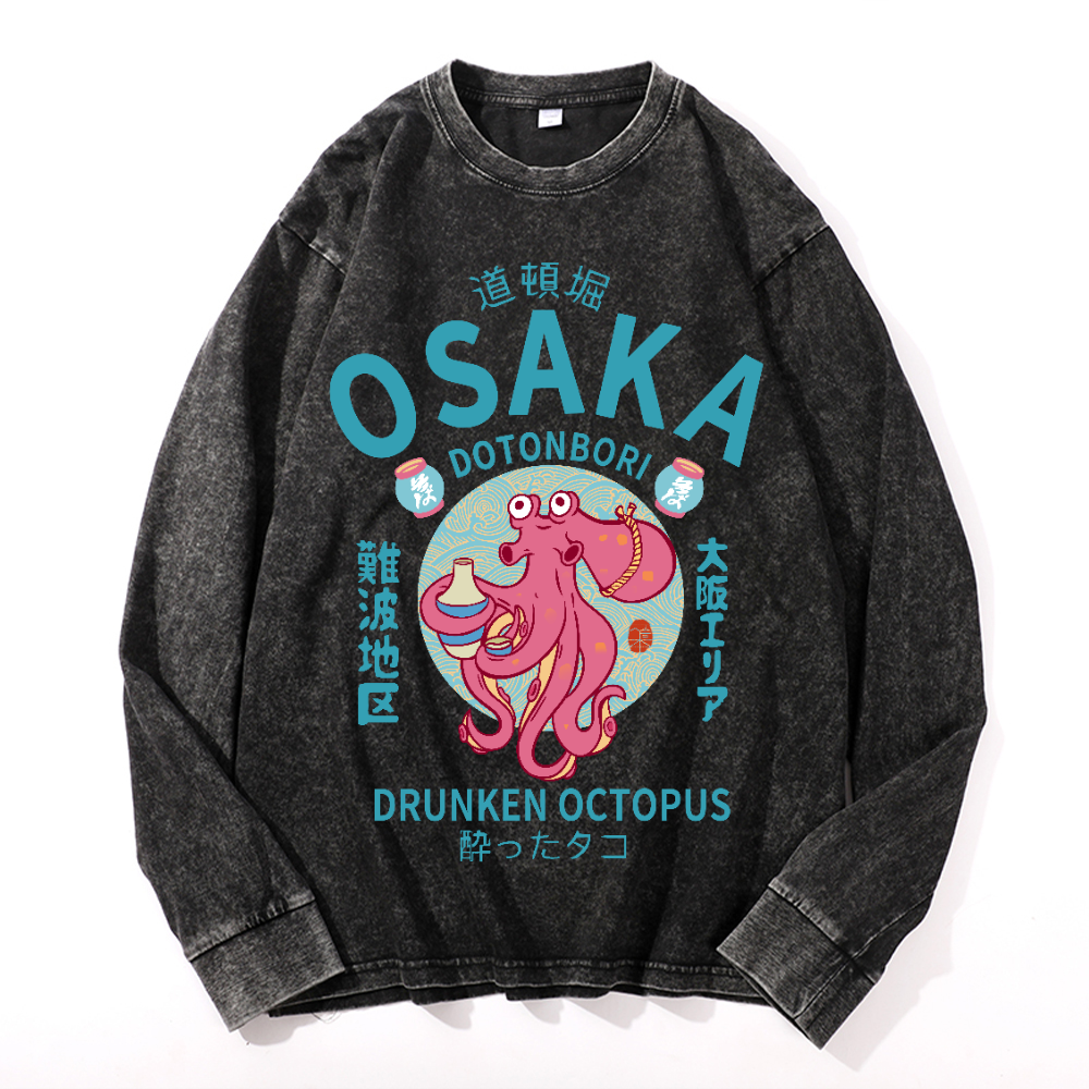 Osaka Dotonbori Drunken Octopus Vintage Cotton Wash Crewneck Long-Sleeve T-Shirt