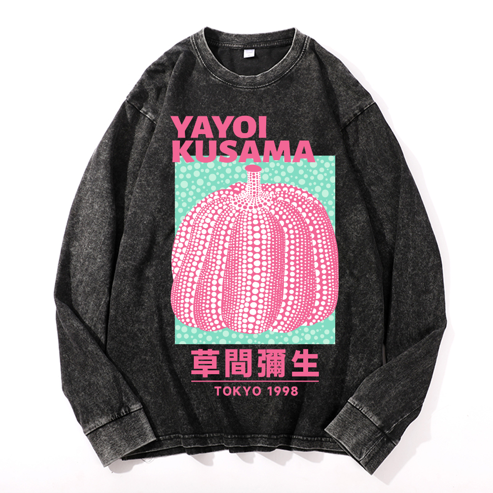 Yayoi Kusama Pumpkin Vintage Cotton Wash Crewneck Long-Sleeve T-Shirt