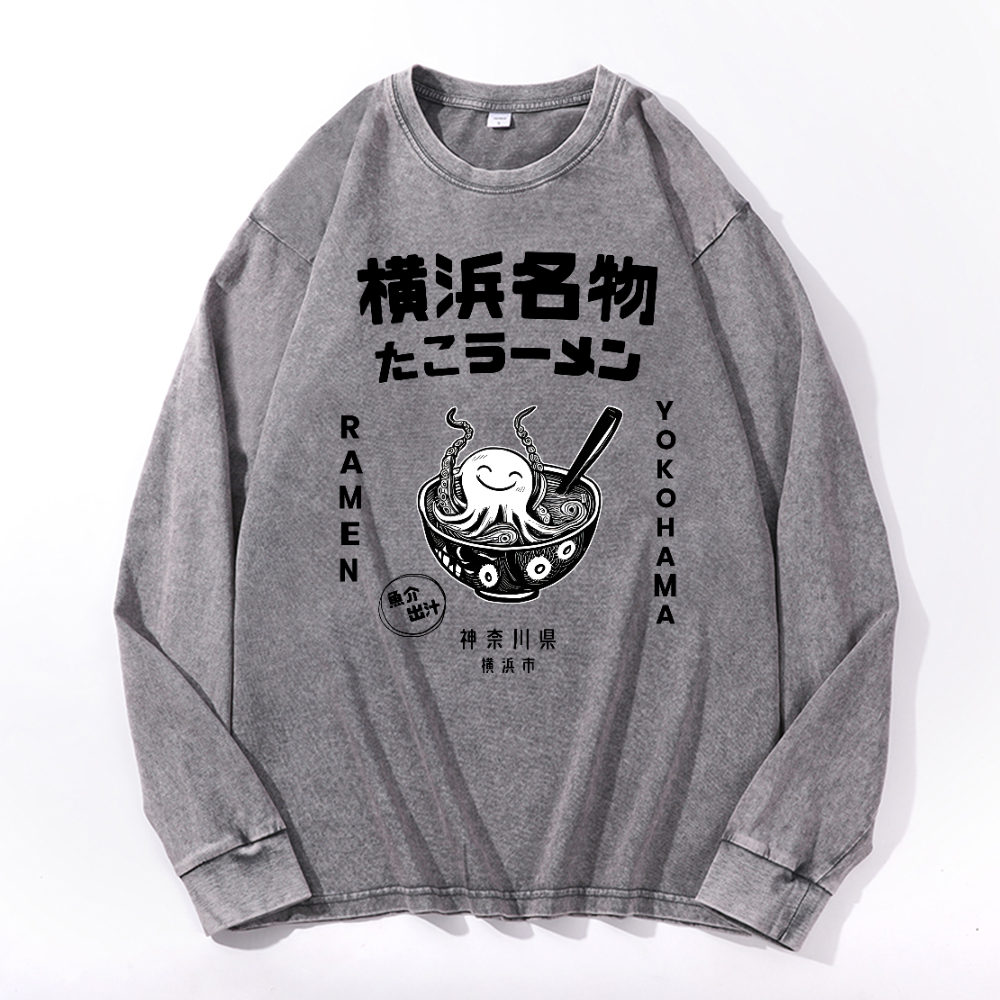 Yokohama Ramen Octopus Vintage Cotton Wash Crewneck Long-Sleeve T-Shirt