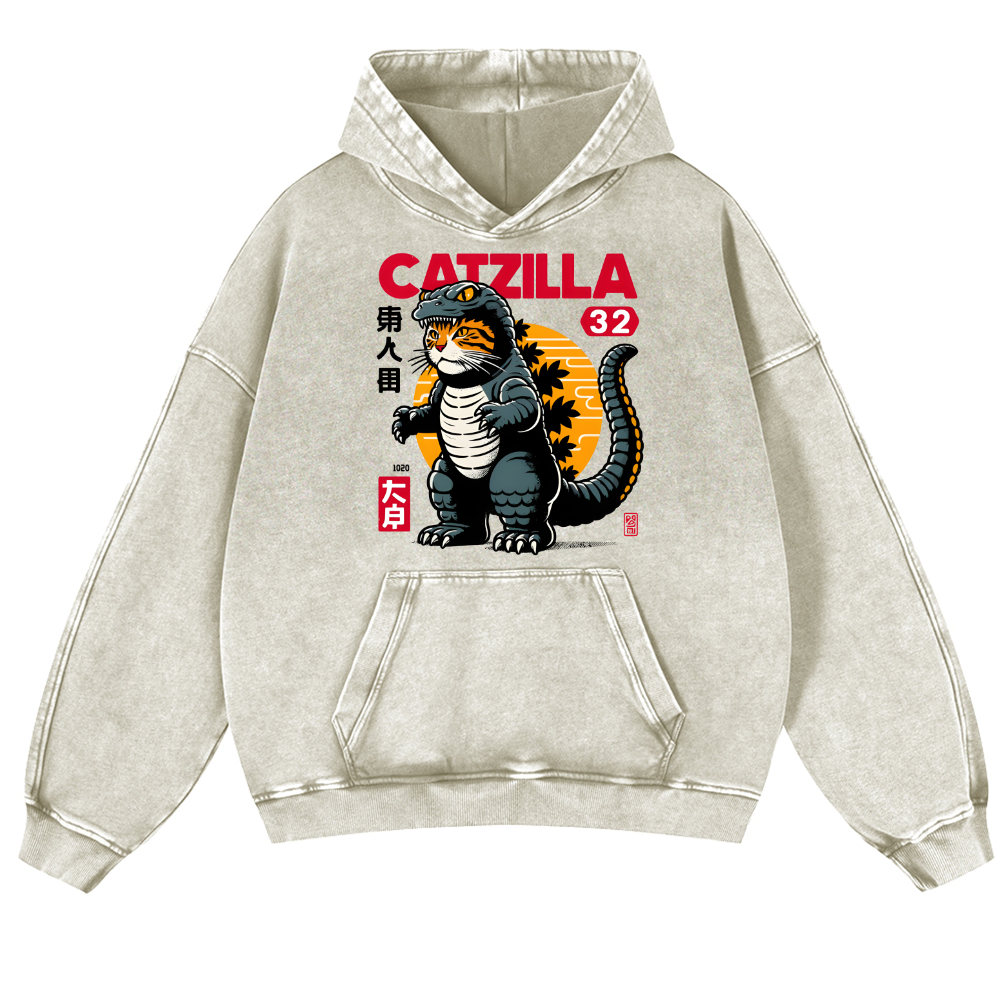 Catzilla Cat Kaiju Vintage Washed Thick Cotton Hoodie