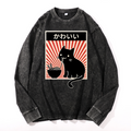 Cat Vintage Cotton Wash Crewneck Long-Sleeve T-Shirt