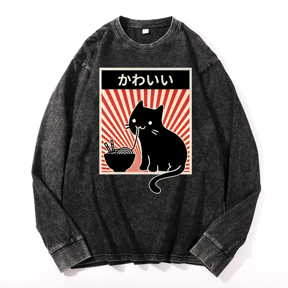 Cat Vintage Cotton Wash Crewneck Long-Sleeve T-Shirt
