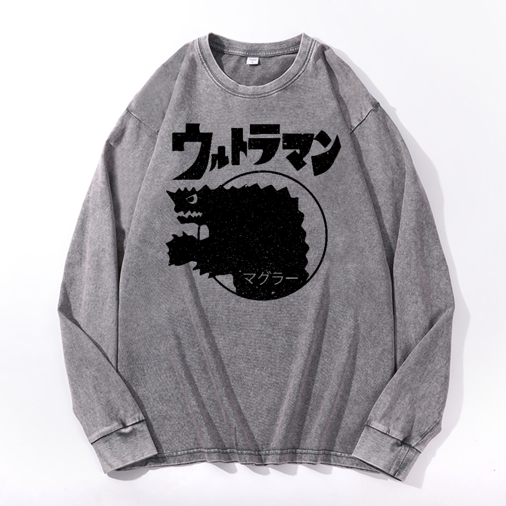Magular Monster Vintage Cotton Wash Crewneck Long-Sleeve T-Shirt
