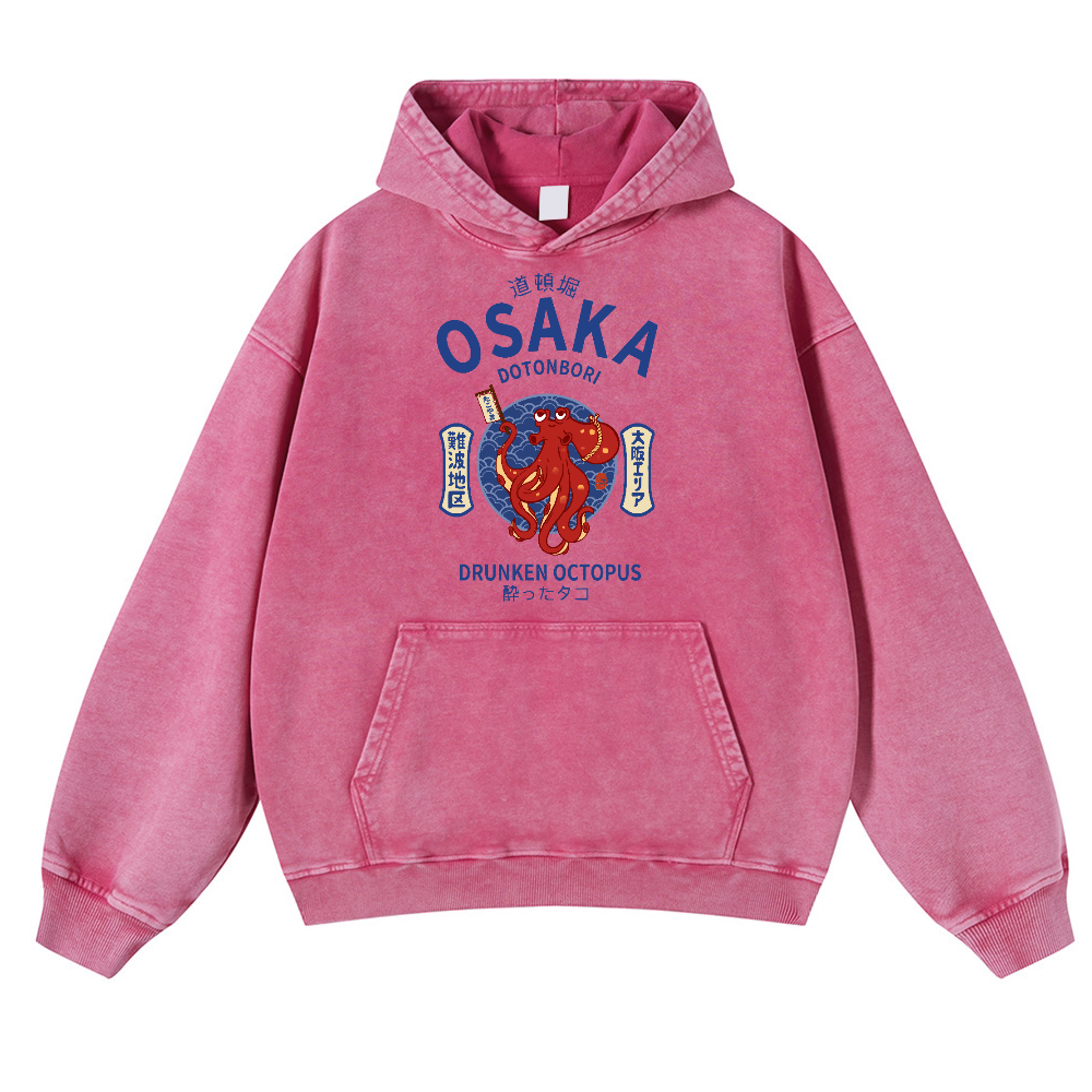 Osaka Dotonbori Drunken Octopus Vintage Washed Thick Cotton Hoodie