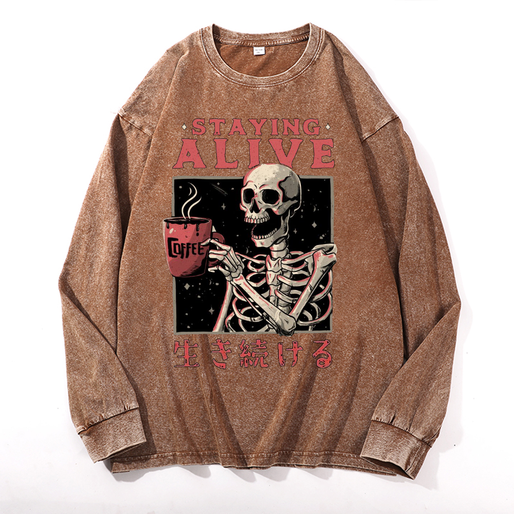 Staying Alive Vintage Cotton Wash Crewneck Long-Sleeve T-Shirt