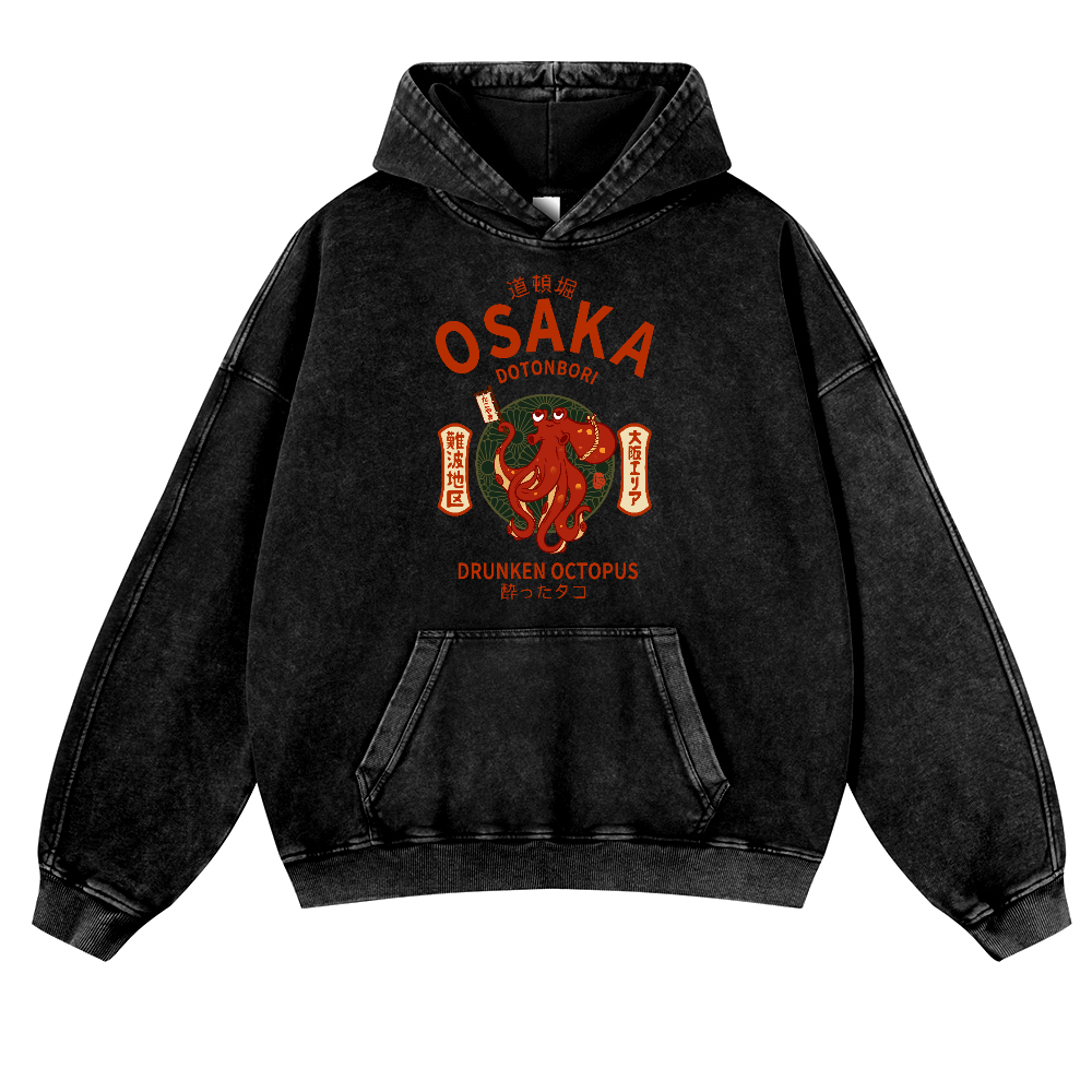 Osaka Dotonbori Drunken Octopus Vintage Washed Thick Cotton Hoodie