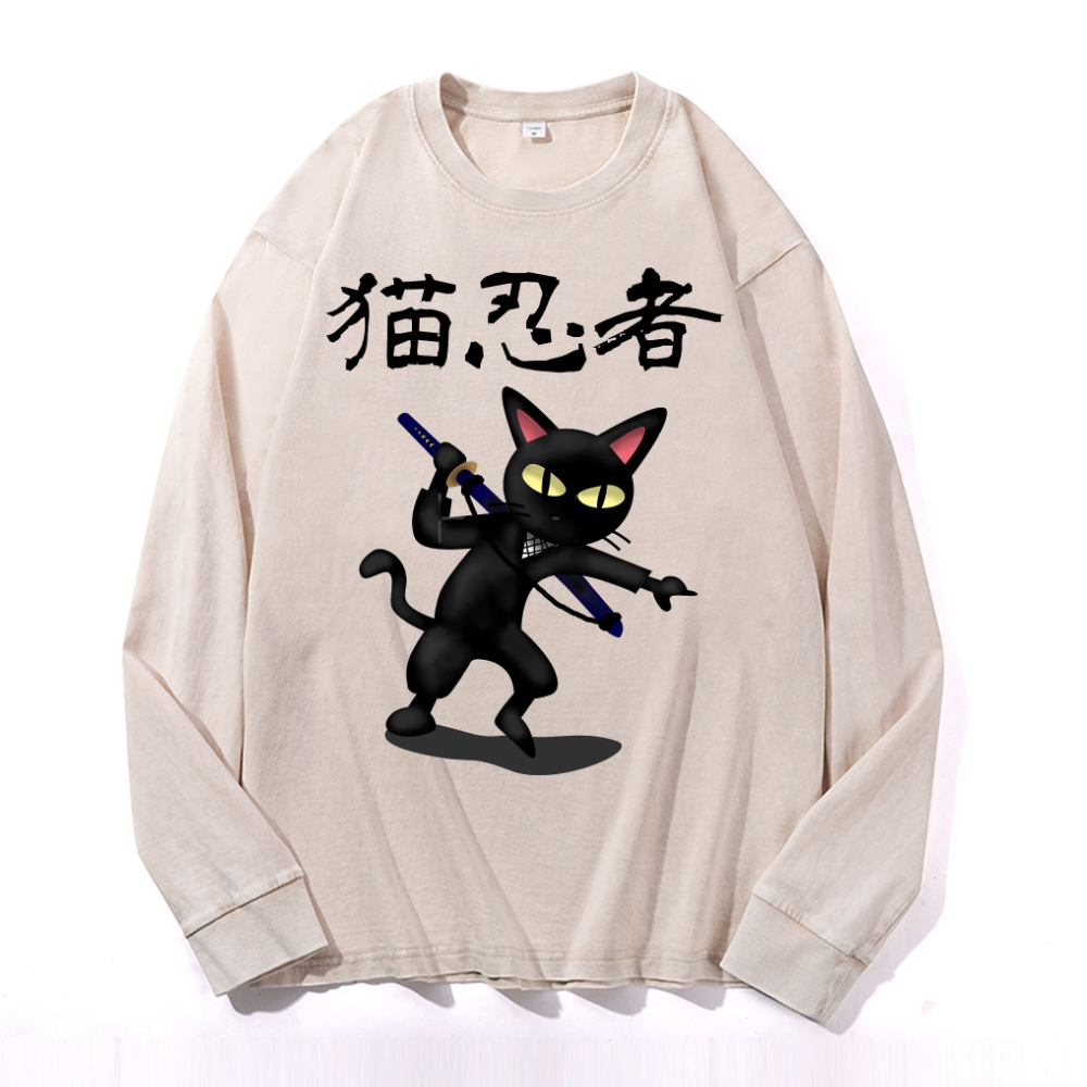 Cat Ninja Vintage Cotton Wash Crewneck Long-Sleeve T-Shirt