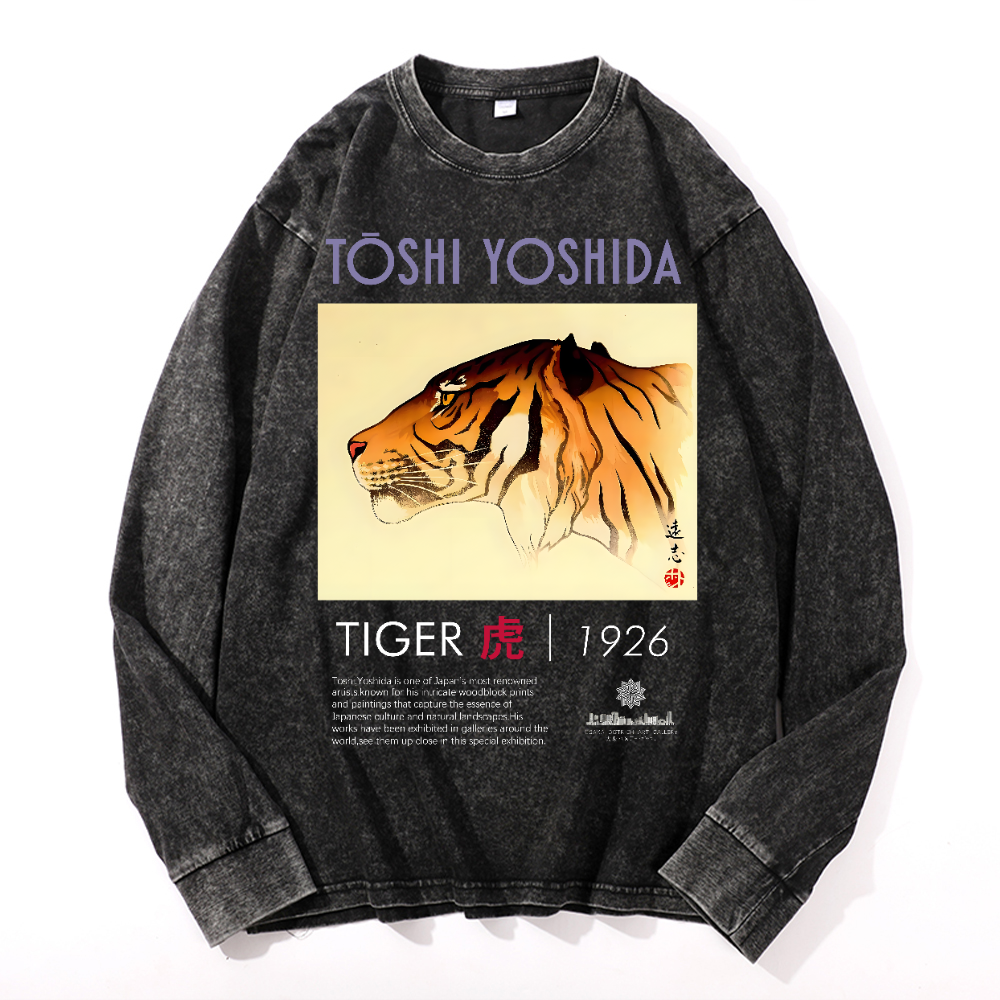 Tiger Vintage Cotton Wash Crewneck Long-Sleeve T-Shirt