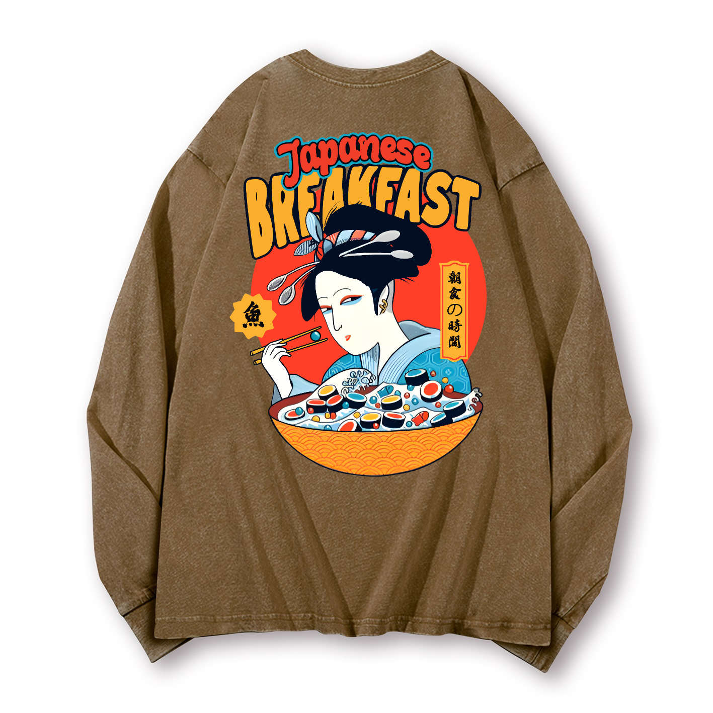 Geisha Fish Sushi Vintage Washed Cotton Back Art Long-sleeve T-shirt