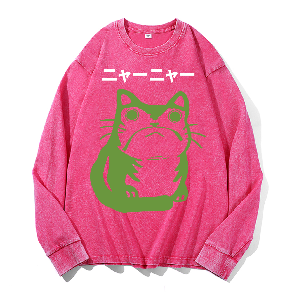 Cat Frog Vintage Cotton Wash Crewneck Long-Sleeve T-Shirt