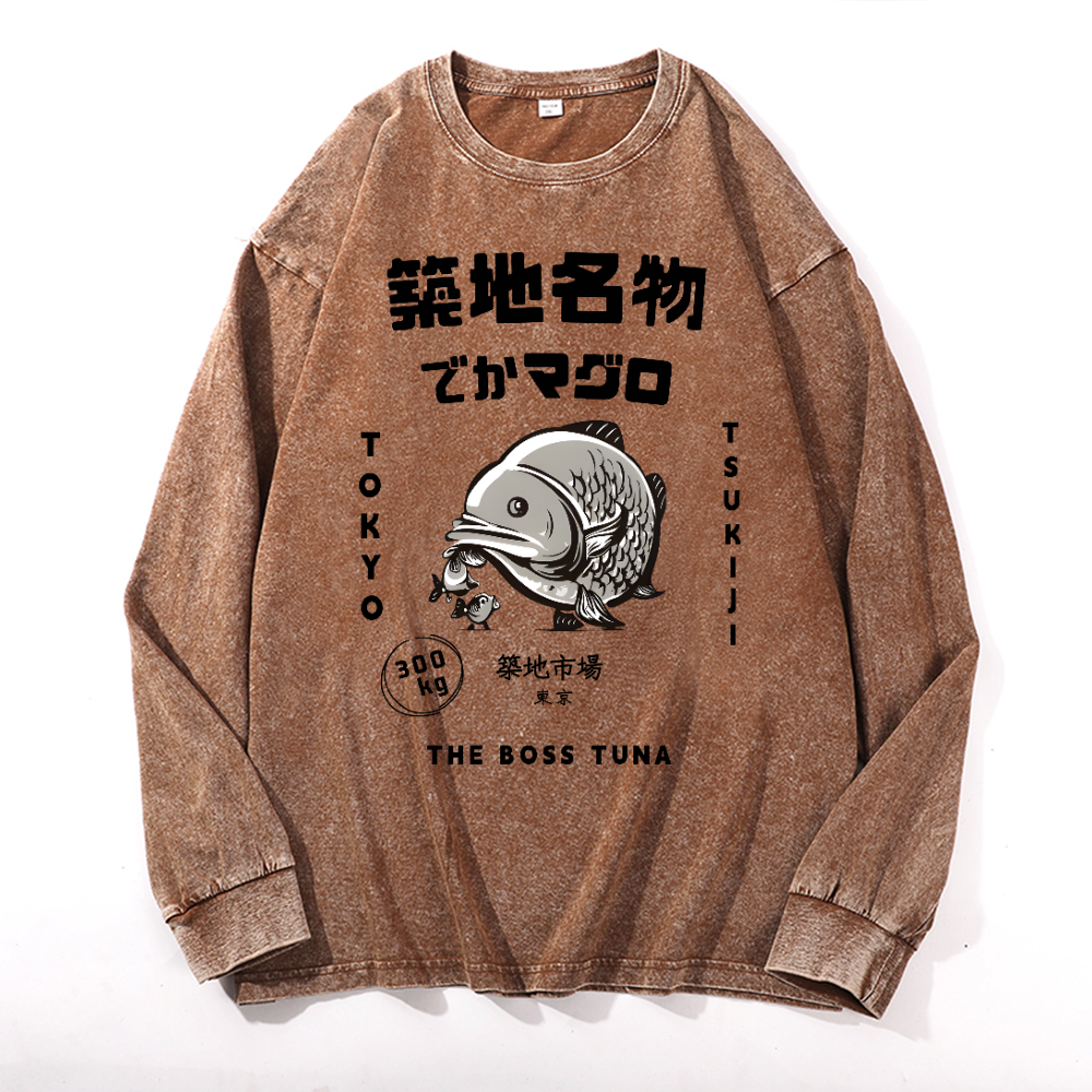 Tsukiji Market Vintage Cotton Wash Crewneck Long-Sleeve T-Shirt