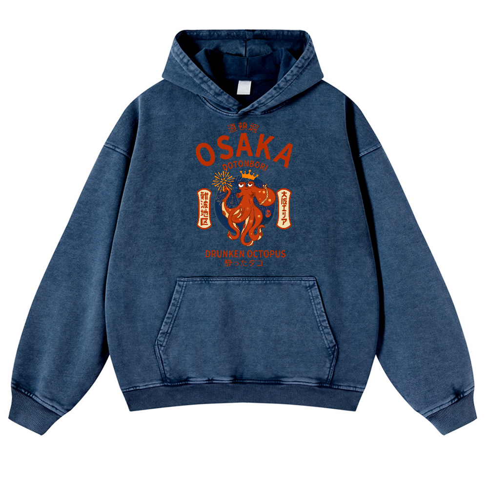Osaka Dotonbori Drunken Octopus Vintage Washed Thick Cotton Hoodie