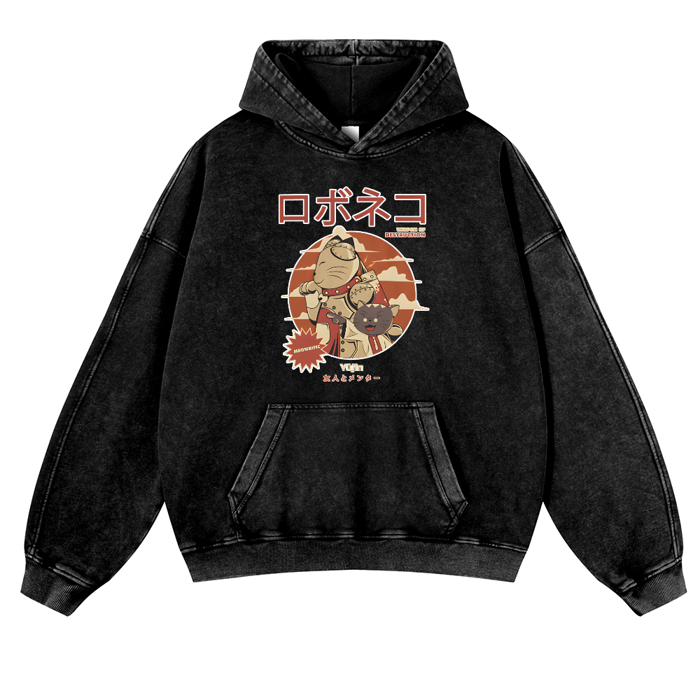 Robot Cat Vintage Washed Thick Cotton Hoodie