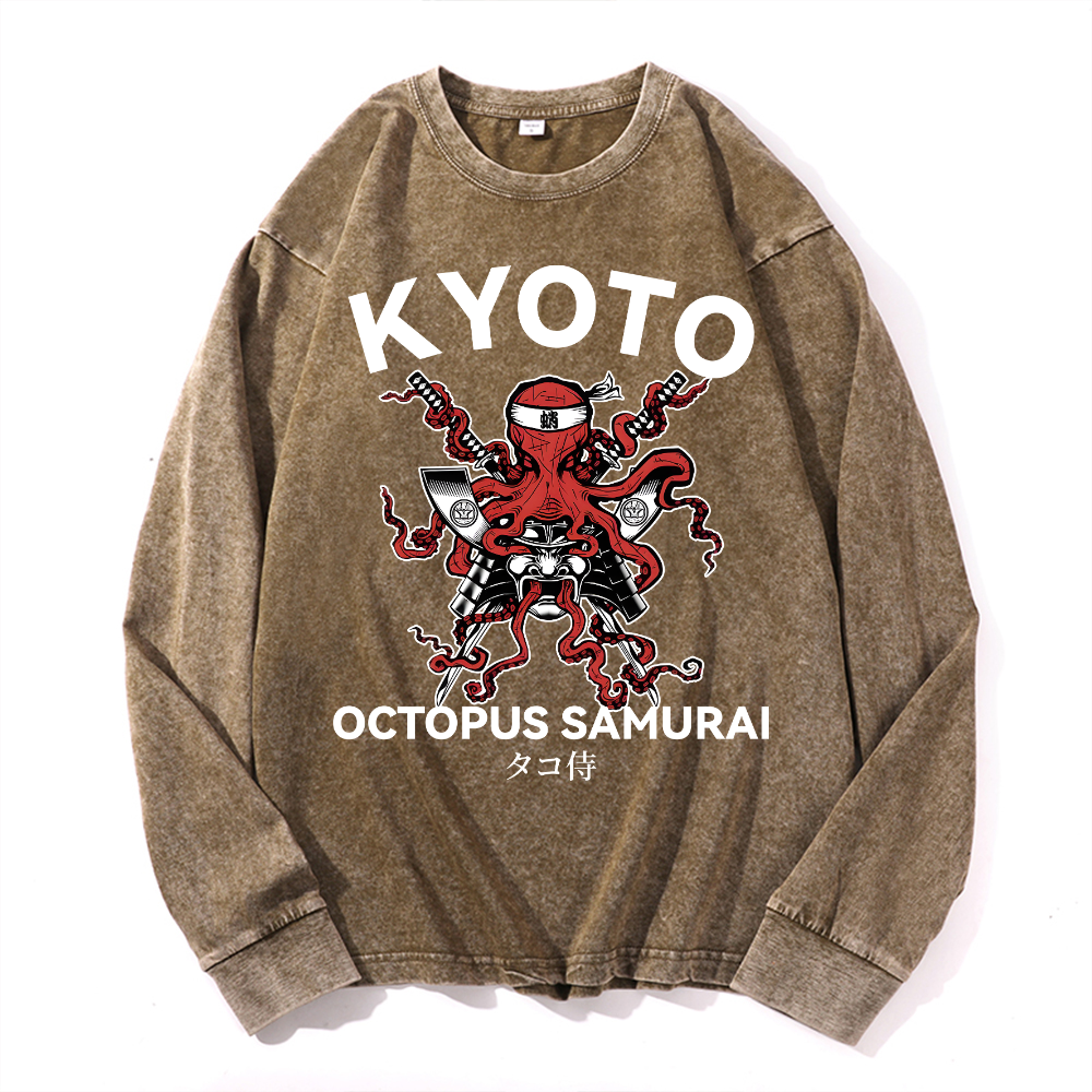 Kyoto Octopus Samurai Vintage Cotton Wash Long-sleeve T-shirt