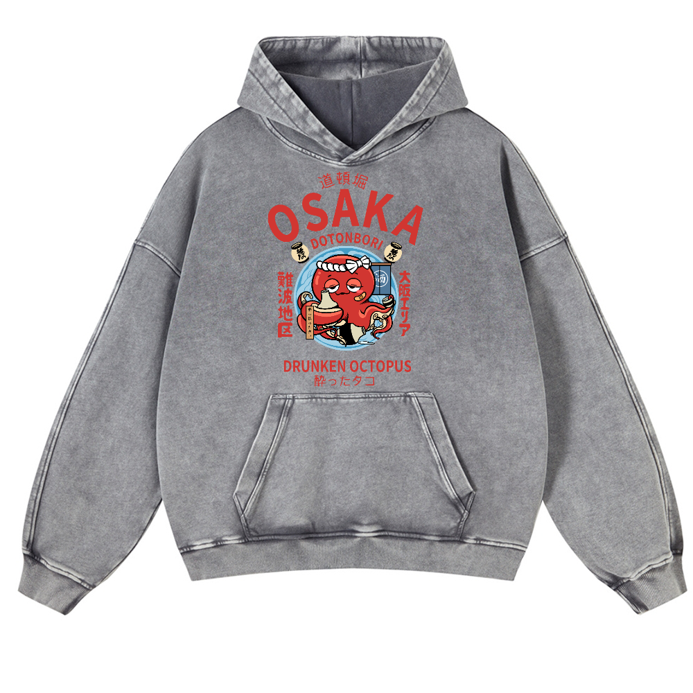 Osaka Dotonbori Drunken Octopus Vintage Washed Thick Cotton Hoodie