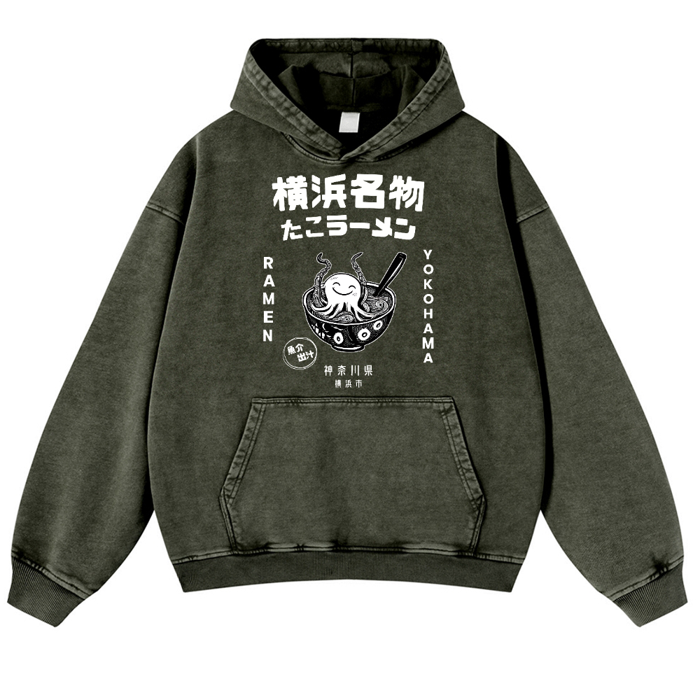 Yokohama Ramen Octopus Vintage Washed Thick Cotton Hoodie