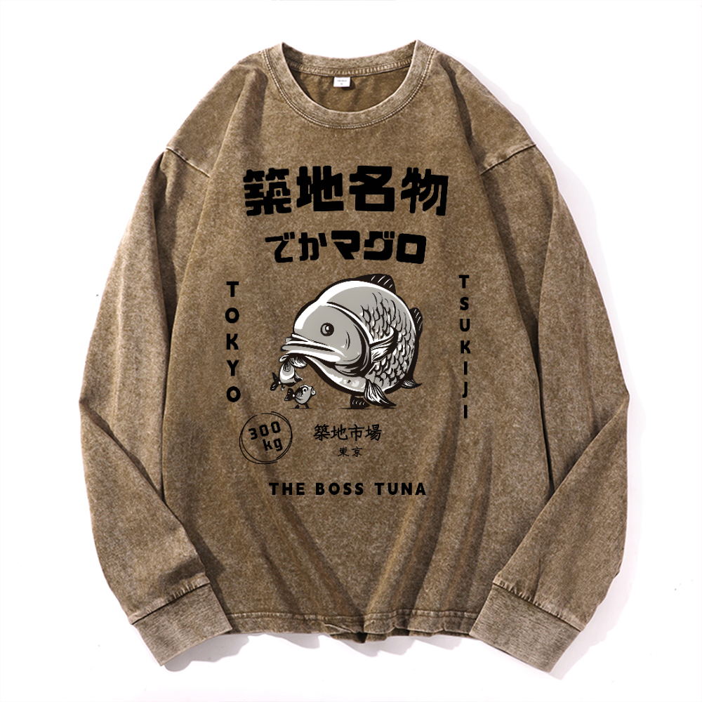 Tsukiji Market Vintage Cotton Wash Crewneck Long-Sleeve T-Shirt